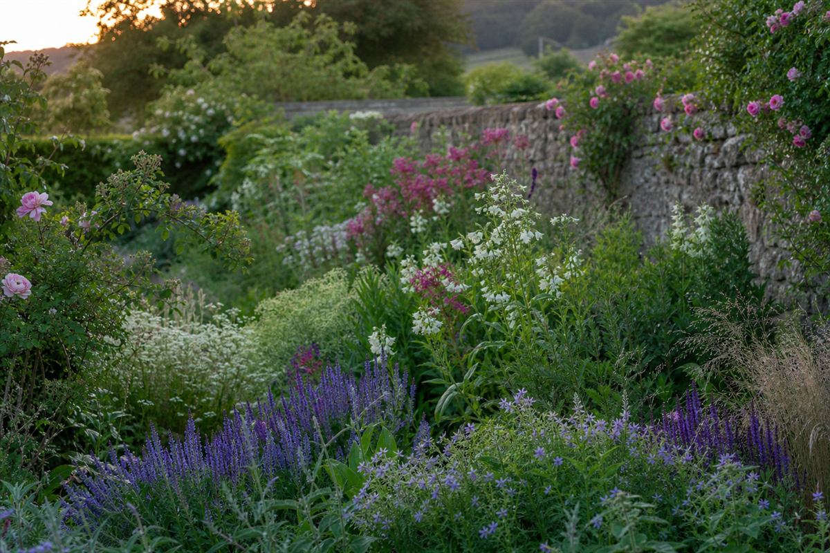 Mixed perennial border in soft evening light
